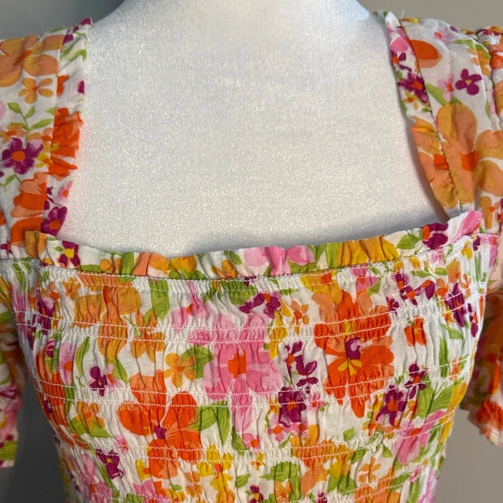 mine Floral Puff-Sleeve Smocked Mini Dress in Orange, Pink, Yellow, Green - Picture 3 of 4